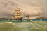 Alfred Jensen Marine mit Segelbooten, im Hintergrund Stadtsilhouette. oil on canvas